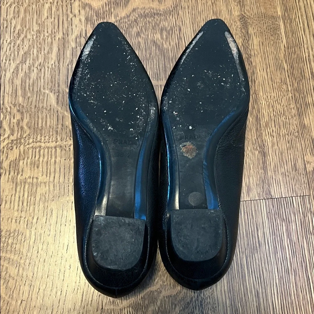 Prada Black Leather Point Toe Flats with Silver Buckle - Picture 11 of 12